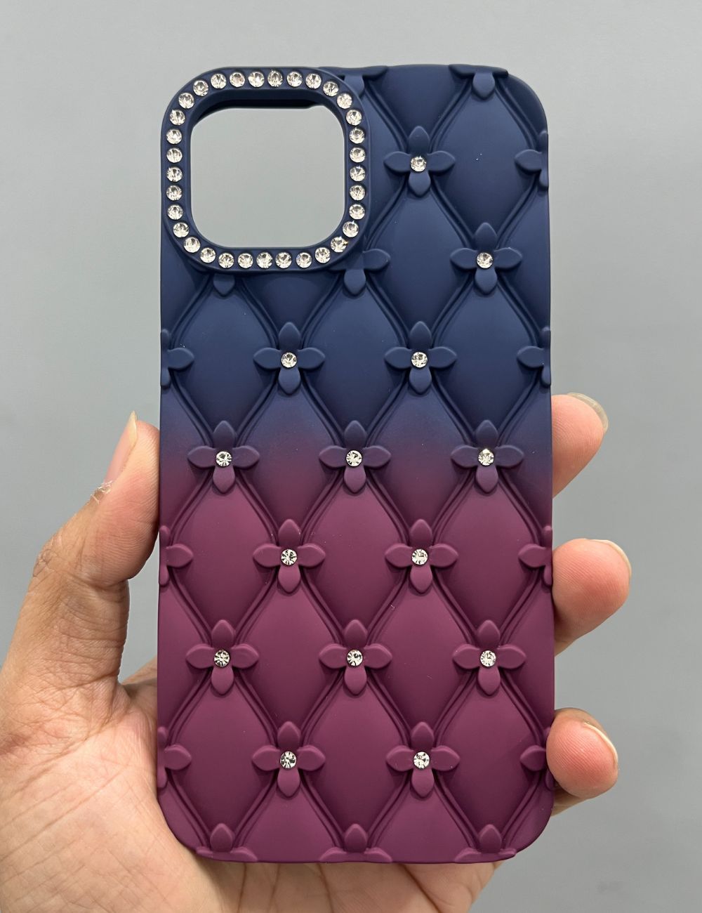 Ombre Blue Wine Diamond Flower Case For Apple Iphone 15