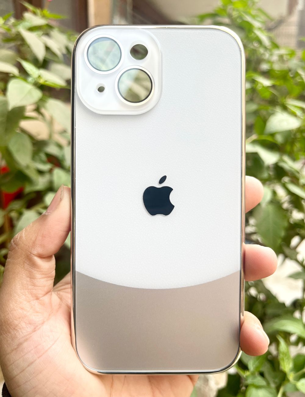 White Leather 2in1 Glass Lense Case For Apple Iphone 15 Plus