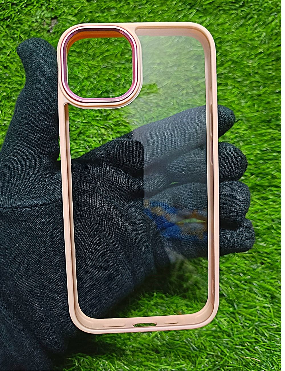 Peach metal lense transparent case for Apple Iphone 13
